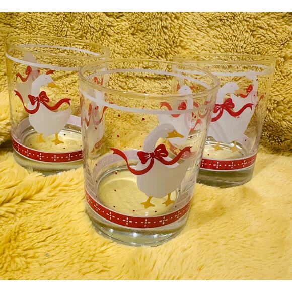 3 Libbey Glass Christmas Goose Duck red ribbon Double Old Fashioned Rocks Dots - Picture 3 of 6